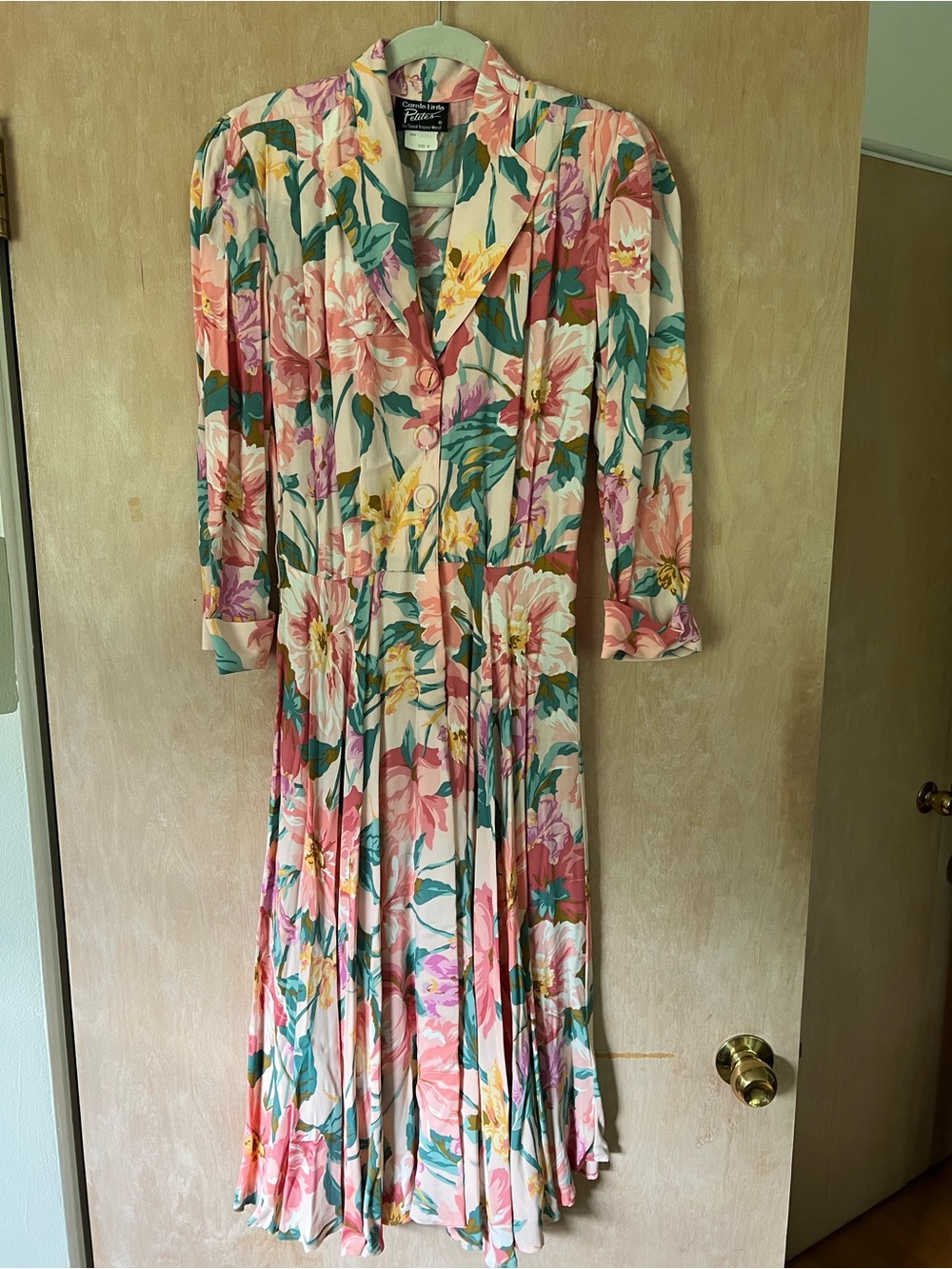 Vintage Carole Little Floral Pleated Midi Dress in Pink, Green and Yellow